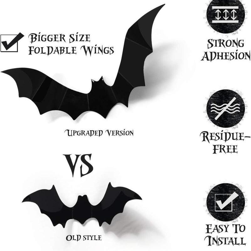 Room Decor Bat Shaped Wall Sticker, 60pcs set 3d Bat Wall Decal, Halloween Wall Art Decoration for Home Living Room Bedroom Hotel School, Halloween Decoration, Halloween Accessories  Tiles Sticker