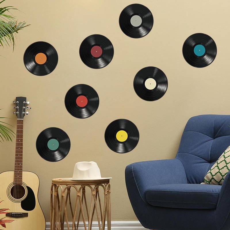 Phonograph Record Pattern Wall Stickers, 8 Counts Record Vinyl Records Wall Sticker, Paper Record Poster, Room Decor for Teens Boys Girls, Rock and Roll Music Party Decorations