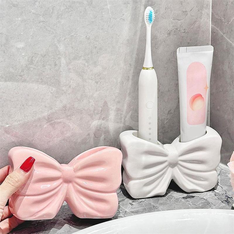 Bowknot Design Toothbrush Holder, 1 Count Ceramic Toothbrush Storage Rack, Bathroom Supplies for Home Hotel Salon Dormitory