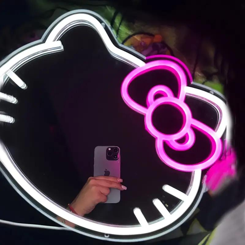 Kitty FACE  LED Makeup Mirror with Adjustable Brightness - Wall-Mounted Cartoon Neon Light for Girls' Bedroom Decor & Gifts