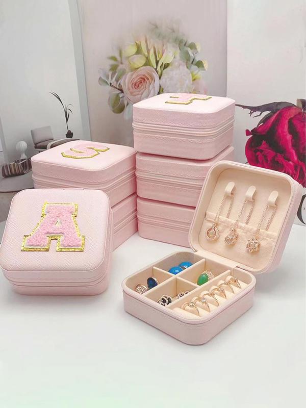 Plush Letter Embroidering Design Jewelry Storage Box,  Portable Waterproof Jewelry Organizer for Women, Jewelry Display Stand for Travel & Daily Use, Gift for Her Girlfriend