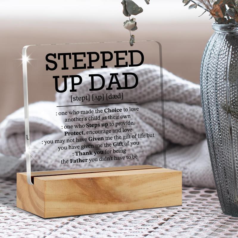 Gifts for Stepdad Stepfather Bonus Dad, Stepped up dad Definition Desk Decor Acrylic Desk Plaque Sign with Wood Stand Home Office Desk Sign Keepsake Step Dad Father's Day Present Wooden Decorative