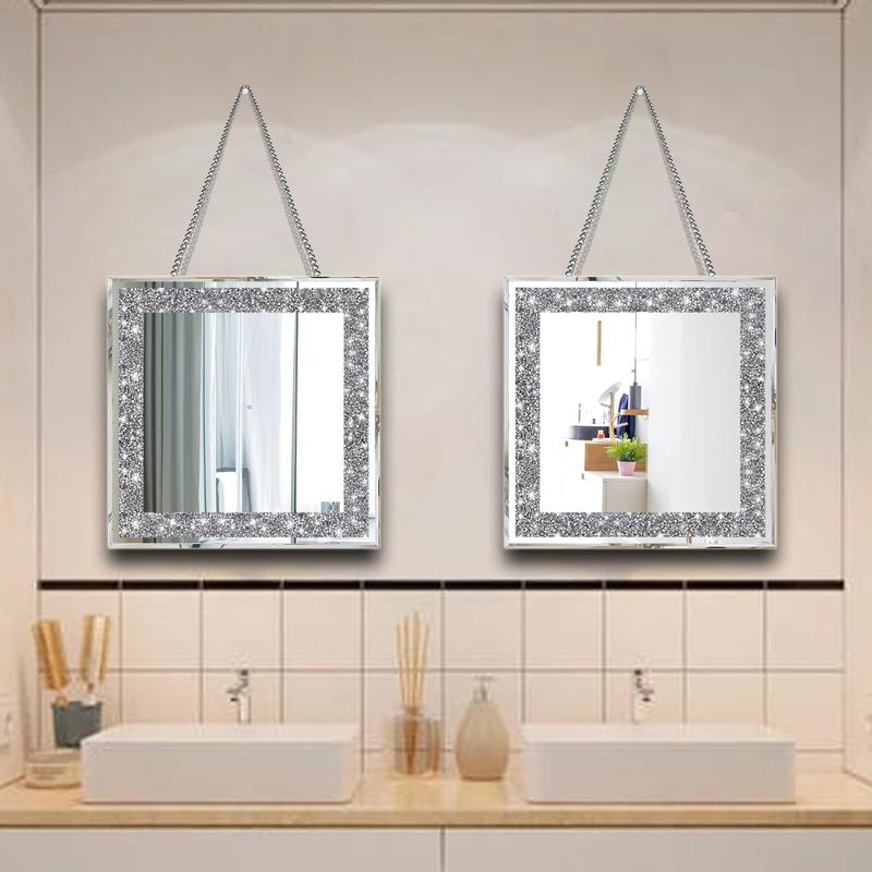 2 Piece Wall Mirrors, Crush Diamond Mirrors Decor, Silver Decorative for Living Room Bedroom, Bathroom. (12”x12”) Hanging Set Crystal Circle