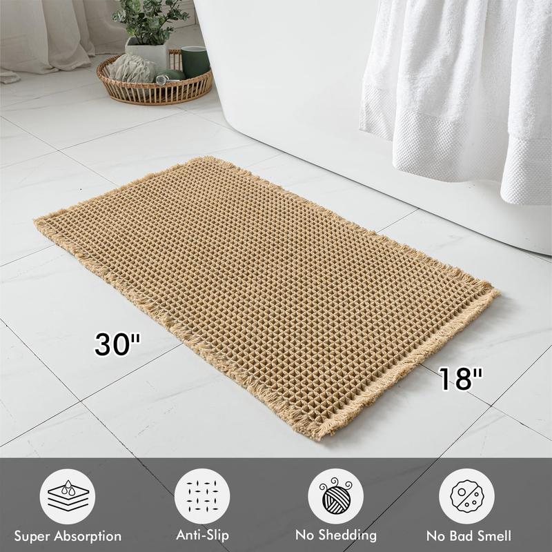 Set of 2 Waffle Bathroom Rugs, Boho Bath Rugs Non Slip Washable, Absorbent Bath Mats, Ultra Soft Rubber Backed Shower Mats for Bathroom Floor, Tub and Shower, Brown, 18x30 Inch