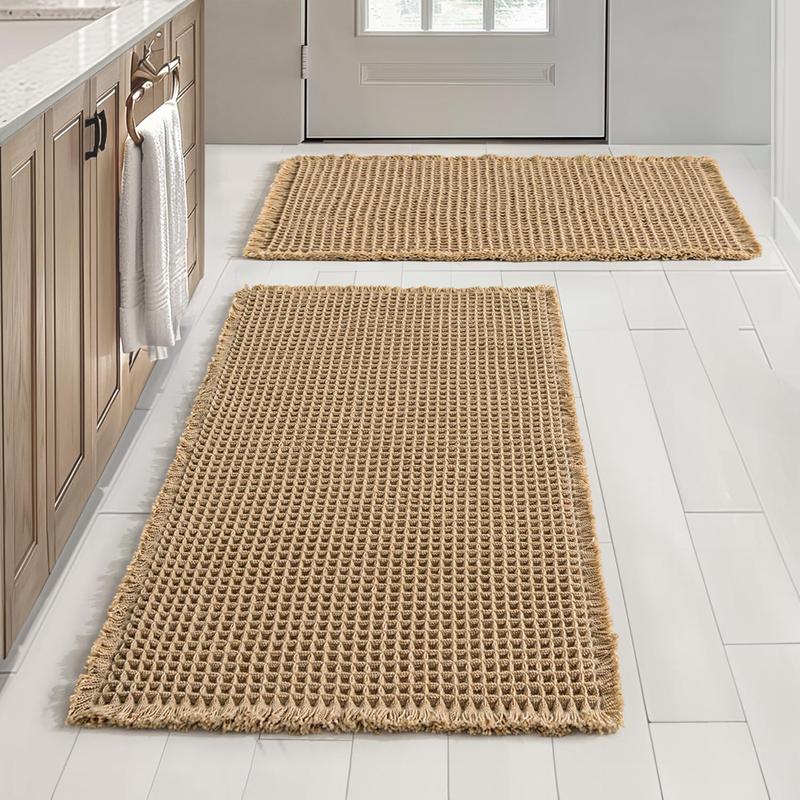 Set of 2 Waffle Bathroom Rugs, Boho Bath Rugs Non Slip Washable, Absorbent Bath Mats, Ultra Soft Rubber Backed Shower Mats for Bathroom Floor, Tub and Shower, Brown, 18x30 Inch