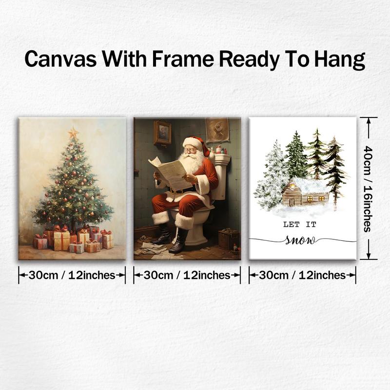 Wooden Framed Canvas Painting, 3 Counts set Vintage Christmas Tree & Santa Claus Pattern Wall Art, Wall Decor for Home Living Room Bedroom Office Room Decor, Christmas 2024 Ornament, Christmas Gift Ideas, Stocking Stuffers