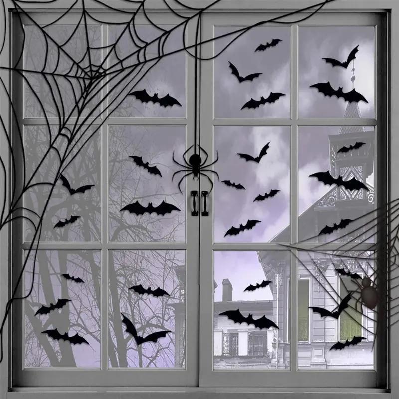 Room Decor Bat Shaped Wall Sticker, 60pcs set 3d Bat Wall Decal, Halloween Wall Art Decoration for Home Living Room Bedroom Hotel School, Halloween Decoration, Halloween Accessories  Tiles Sticker