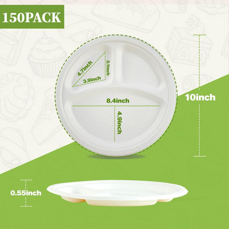 ECOLipak 150 Pack Compostable 3 Compartment Plates, 10 inch Heavy-Duty Disposable Biodegradable Paper Plates, Eco-Friendly Sugarcane Bagasse Plates for Party Dinner and Christmas.