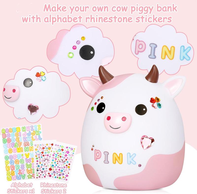 Cow Piggy  for , Pink Piggy Banks Girls Unbreakable Plastic    Safe Money  with DIY Stickers for Boys Girls Gift (Pink)