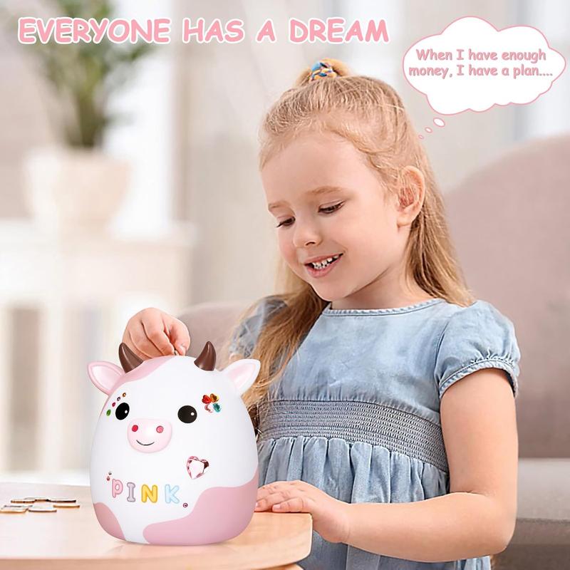 Cow Piggy  for , Pink Piggy Banks Girls Unbreakable Plastic    Safe Money  with DIY Stickers for Boys Girls Gift (Pink)