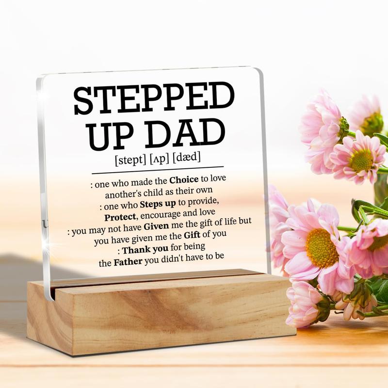 Gifts for Stepdad Stepfather Bonus Dad, Stepped up dad Definition Desk Decor Acrylic Desk Plaque Sign with Wood Stand Home Office Desk Sign Keepsake Step Dad Father's Day Present Wooden Decorative