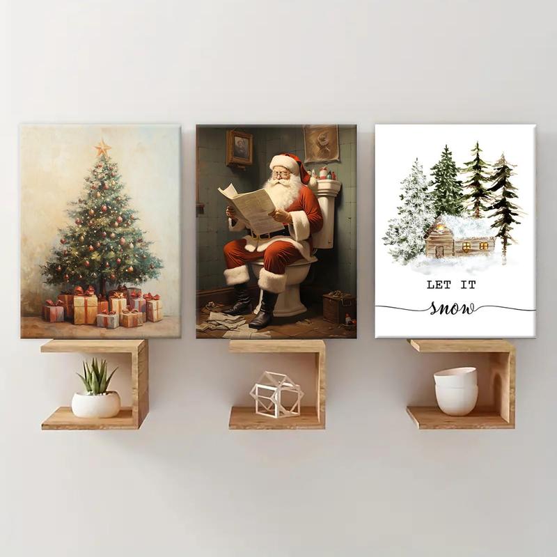 Wooden Framed Canvas Painting, 3 Counts set Vintage Christmas Tree & Santa Claus Pattern Wall Art, Wall Decor for Home Living Room Bedroom Office Room Decor, Christmas 2024 Ornament, Christmas Gift Ideas, Stocking Stuffers