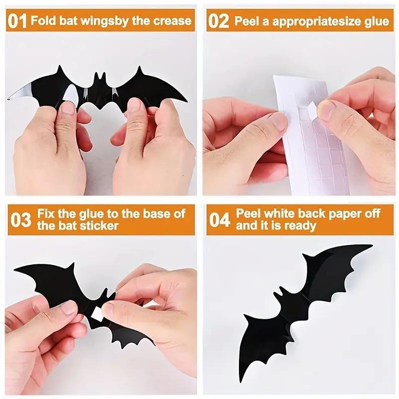 Room Decor Bat Shaped Wall Sticker, 60pcs set 3d Bat Wall Decal, Halloween Wall Art Decoration for Home Living Room Bedroom Hotel School, Halloween Decoration, Halloween Accessories  Tiles Sticker