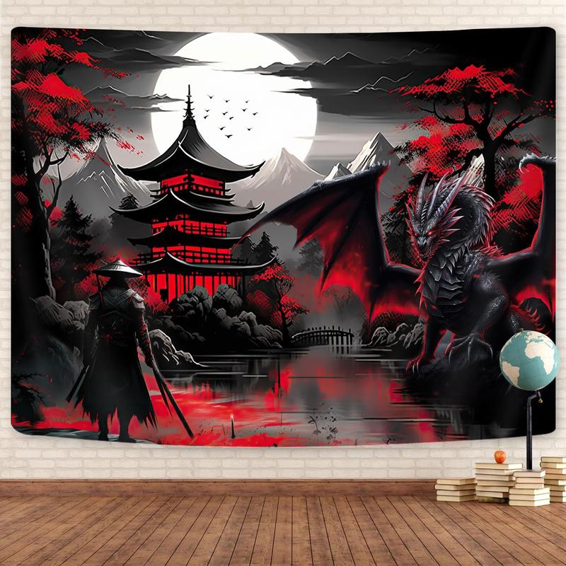 Anime Samurai Tapestry, Cool Red and Black Medieval Fantasy Dragon Tapestry Wall Hanging for Men, Mountain Forest Nature Sunset Dark Asia Japanese Tapestries Aesthetic for Living Room College