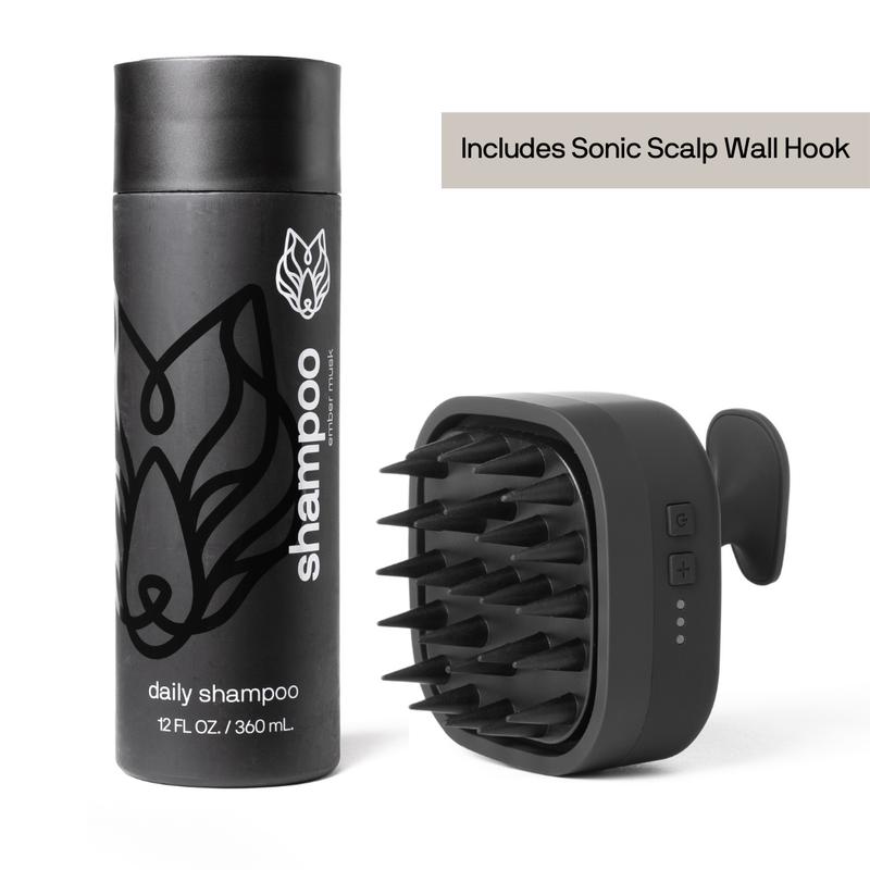 Black Wolf Sonic Scalp Scrubber + Daily Shampoo Bundle for Personal Bathing - Deep Cleansing & Scalp Health