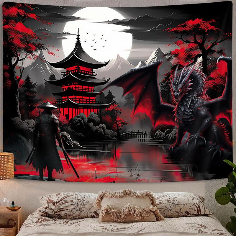 Anime Samurai Tapestry, Cool Red and Black Medieval Fantasy Dragon Tapestry Wall Hanging for Men, Mountain Forest Nature Sunset Dark Asia Japanese Tapestries Aesthetic for Living Room College