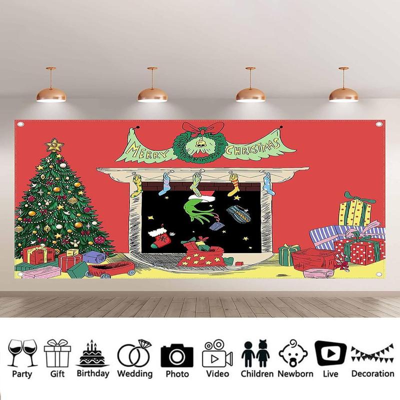 Christmas Themed Backdrop, 1 Count Merry Christmas Letter & Cartoon Pattern Backdrop, Festive & Party Supplies for Home & Garage Door Decor