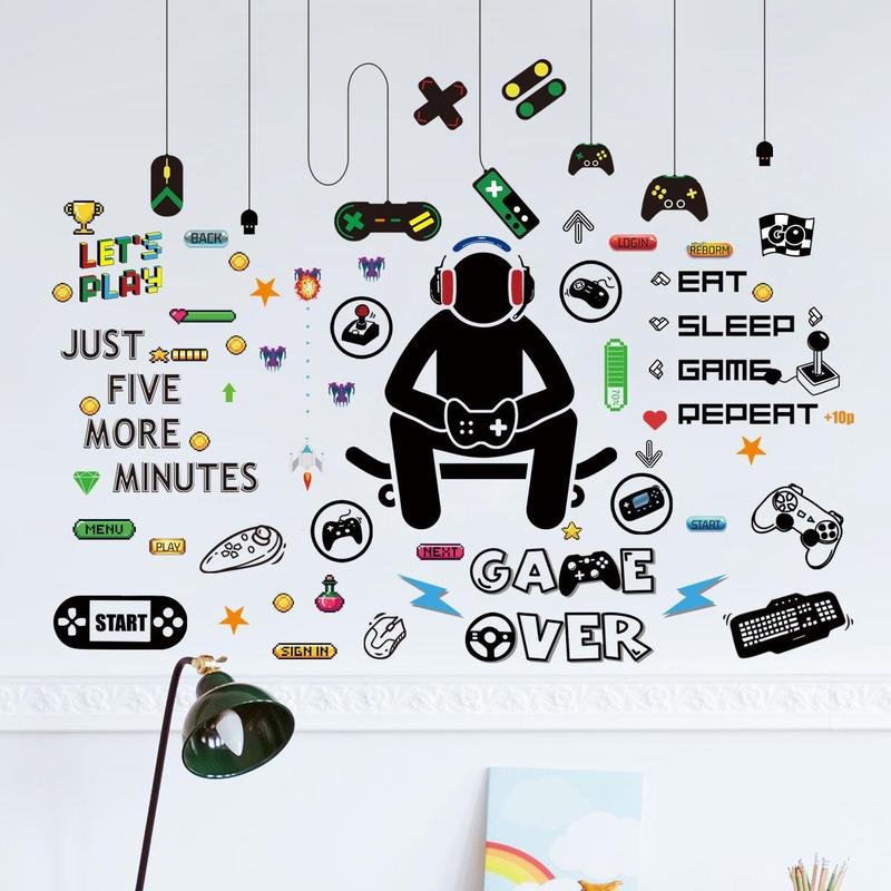 Game Room Decorative Wall Sticker, 6pcs set Ramadan Removable Self-adhesive Game Controller Boy Pattern Wall Decal for Home Decor, Ramadan Gifts Ornaments for Kids, Home Essentials