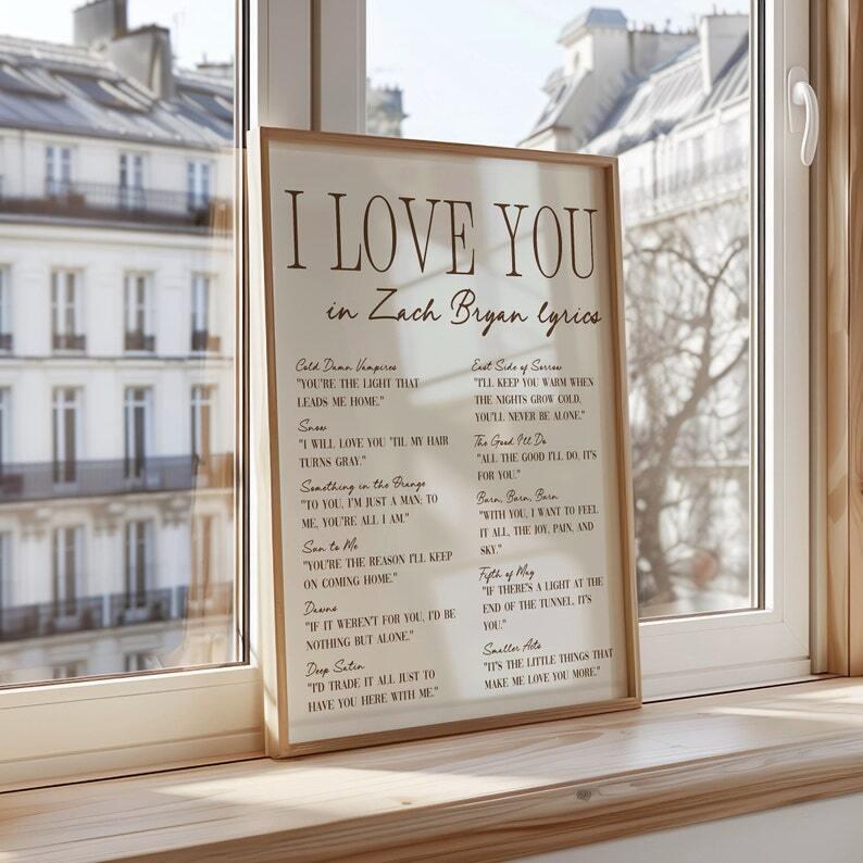 I Love You Lyrics - ZB Art Print, Romantic Coastal Cowgirl Wall Art, Preppy College Apartment Decor, Perfect for Music Lovers and Stylish Spaces