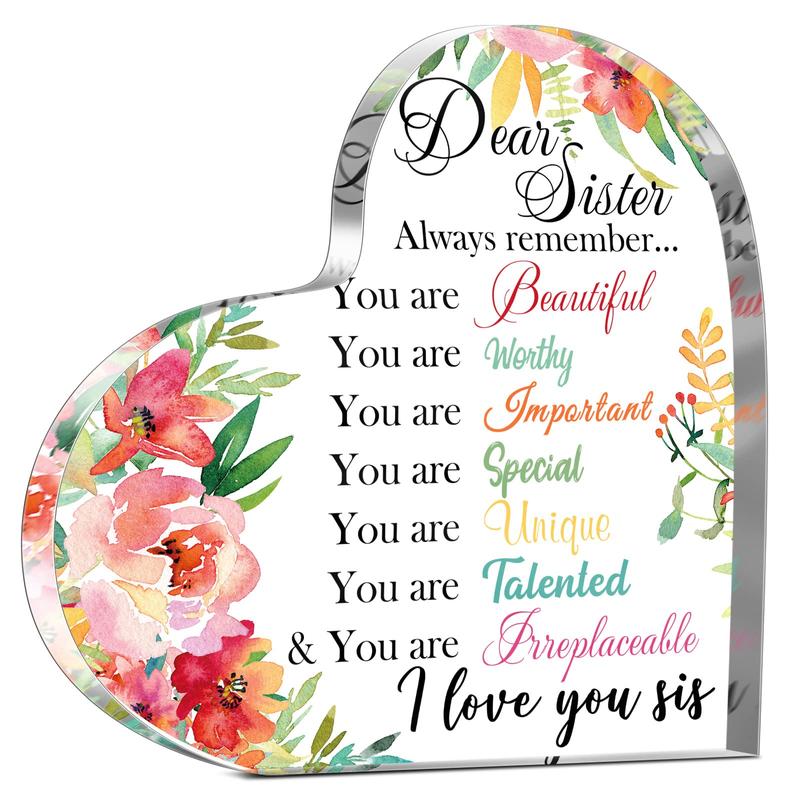 Clear Acrylic Heart Shaped Desktop Plaque for Valentine's Day Gifts, 1 Count Letter & Floral Pattern Ornament Gift, Birthday Gift for Sister, Mean Girls Decorations