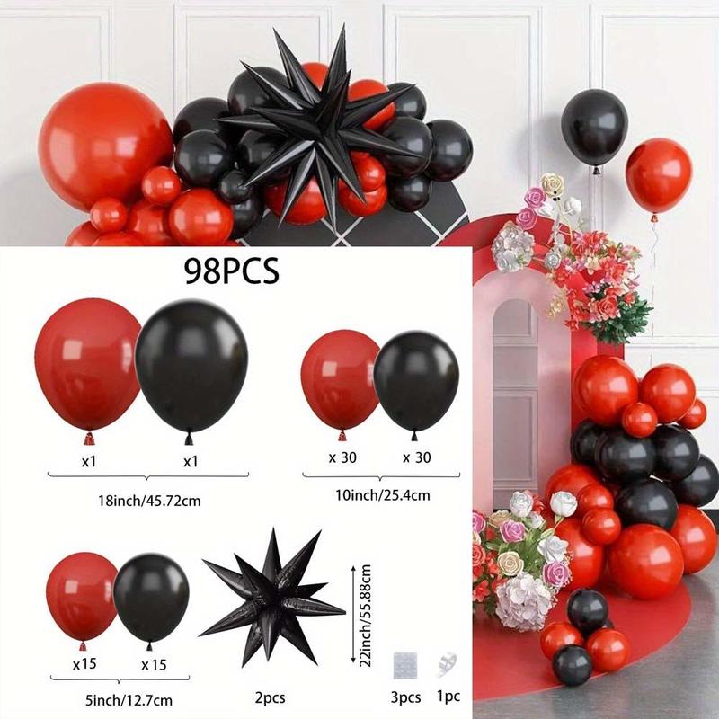 Black & Red Themed Balloon Arch Kit, 98pcs set Mixed Color Latex Balloon, DIY Birthday Party Decoration Balloons with Black Explosion Star, Festive & Party Supplies