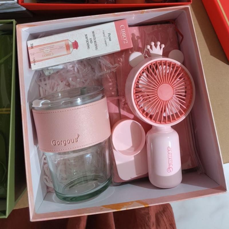 Premium Gift Set for Women - Christmas or Birthday Gift Box, Mens Gift.(Hand Fan, Thermal Cup, Notebook, Korean Cream)