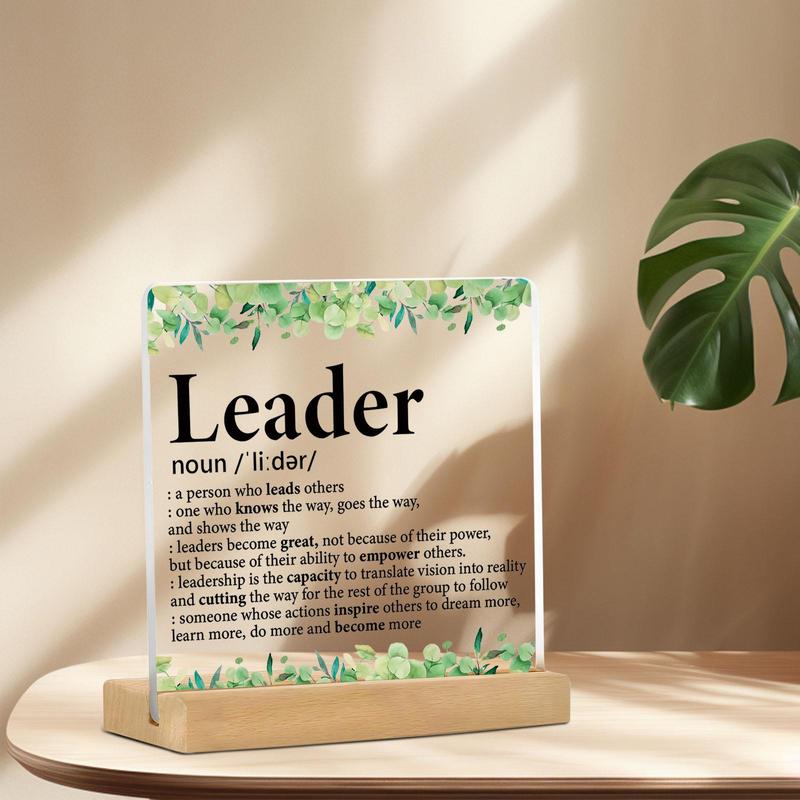 Letter & Leaf Pattern Acrylic Plaque, 1 Count Creative Gift for Leader, Office Desk Decorative Plaque, Home Decor Supplies