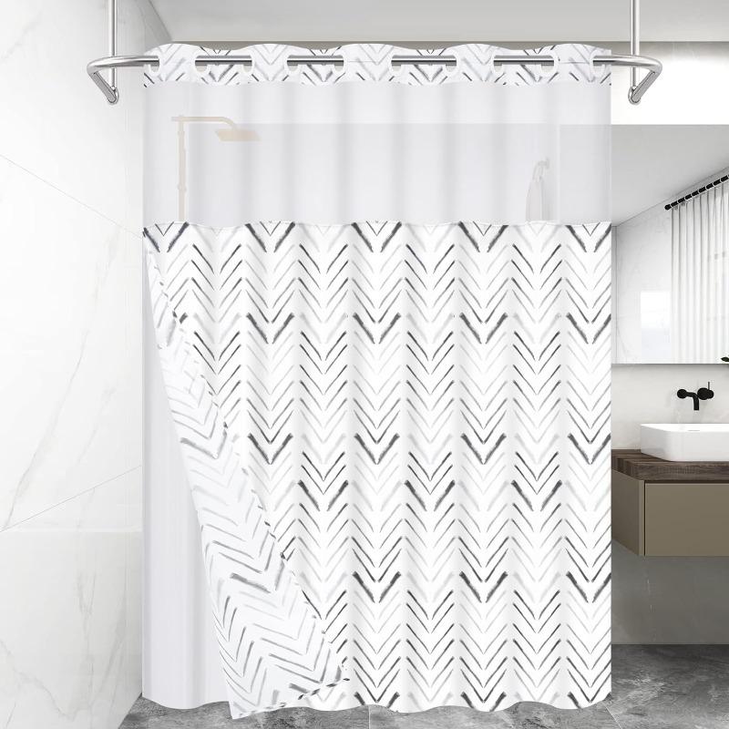 No Hook Shower Curtain with Snap in Liner , Herringbone Hotel Shower Curtain and Liner Set, Modern Shower Curtain Set with Liner, Double Layer, Washable