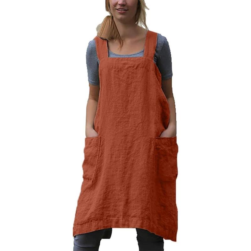 Cotton Linen Apron for women Cross Back Apron Pinafore Dress for Baking Cooking Gardening Work