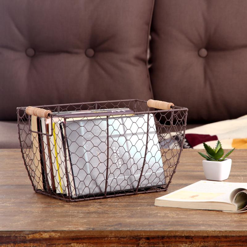 Decorative Brown Chicken Wire Basket with Wood Handles. 12.2x8x7.28