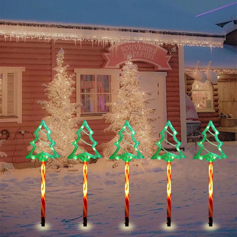 Solar Powered 5-in-1 Christmas Pathway Light, Solar Christmas Tree Light with Candy Cane, Outdoor Garden Stake Light for Patio, Yard, Garden, Lawn