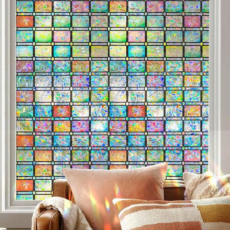 Colorful Rectangle Rhombus Pattern Privacy Window Film, 1 Roll Removable Window Sticker, Decorative Static Cling Glass Film for Home Decor