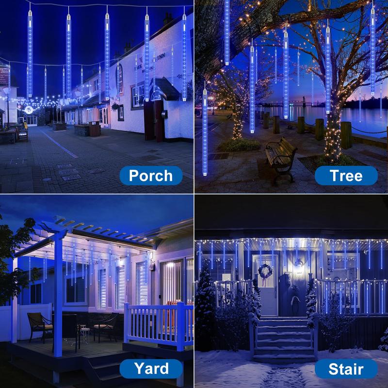 PEMOTech Blue Meteor Shower Lights - 16 Tubes 15.7inch 576 LED Christmas Lights Outdoor Waterproof