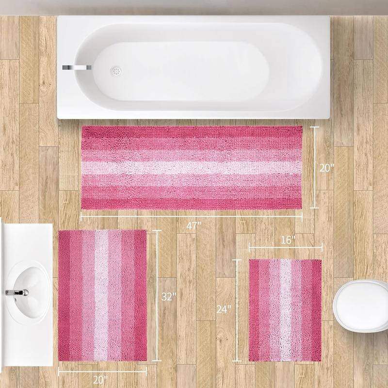 Pink Bathroom Rug Set 2 Piece, Chenille Non Slip Bath Mat Set, Absorbent Shower Rug and Bath Room Floor Mats, Quick Dry Bathmat Bathroom Decor Accessories for Tub, 16