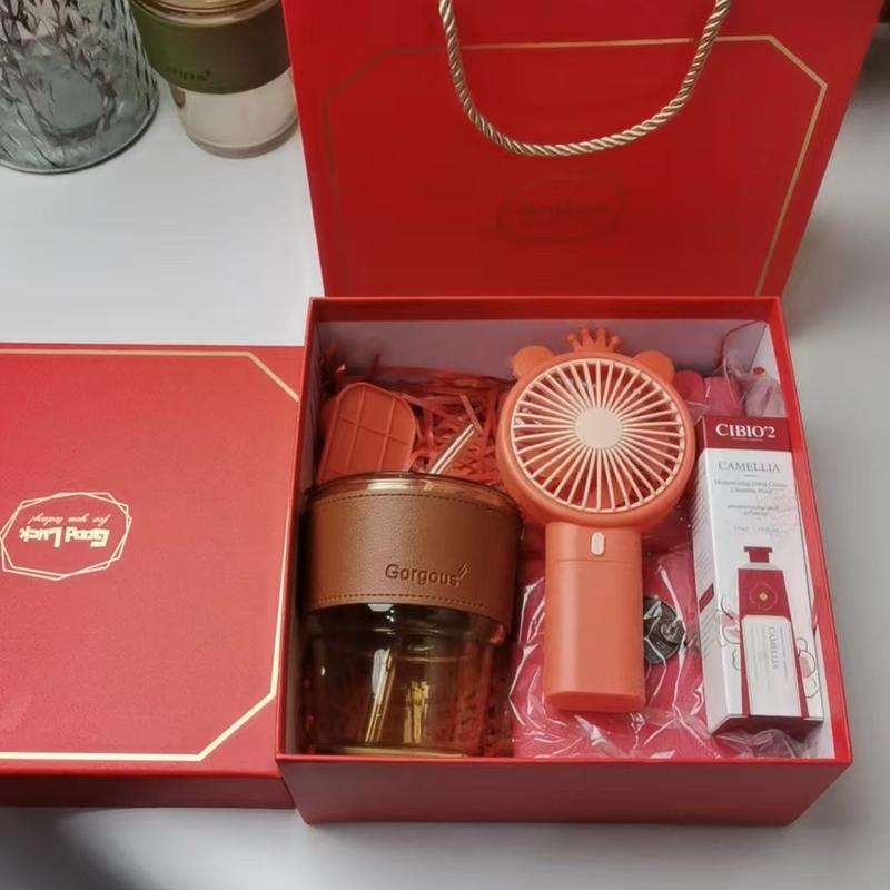 Premium Gift Set for Women - Christmas or Birthday Gift Box, Mens Gift.(Hand Fan, Thermal Cup, Notebook, Korean Cream)