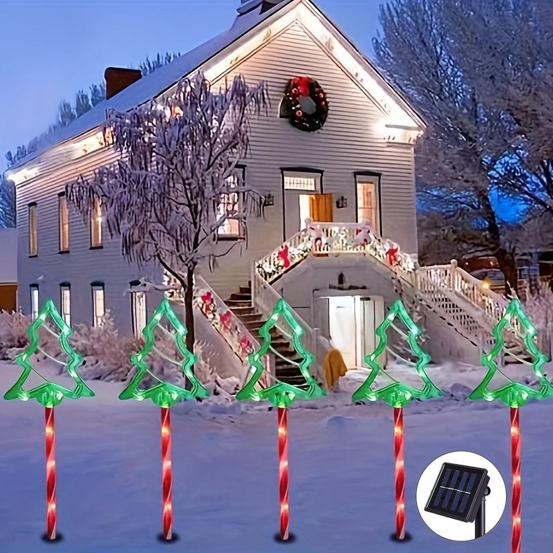 Solar Powered 5-in-1 Christmas Pathway Light, Solar Christmas Tree Light with Candy Cane, Outdoor Garden Stake Light for Patio, Yard, Garden, Lawn