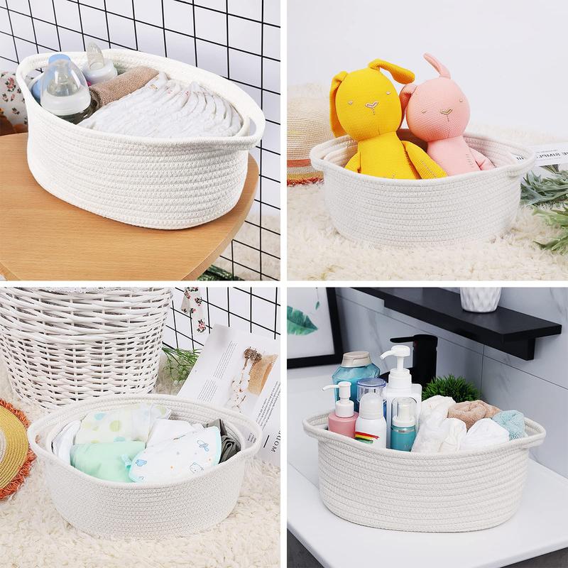 Cute Small Woven Basket with Handles,  Household Desktop Baskets for Storage, Multifunctional Small Space Organizer, Basket Bin for Cat and Dog Toys, Decorative Gift, White