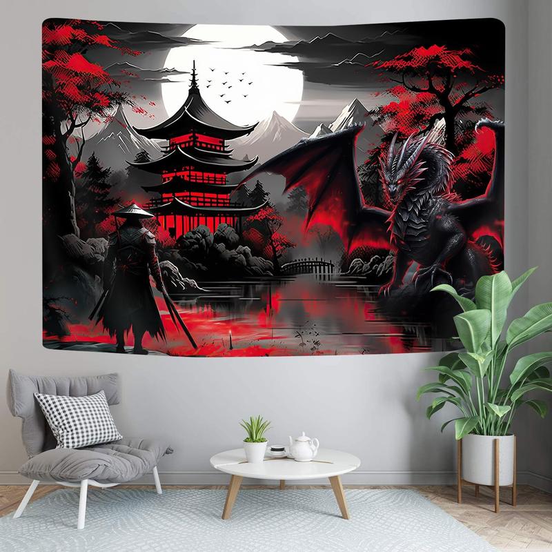 Anime Samurai Tapestry, Cool Red and Black Medieval Fantasy Dragon Tapestry Wall Hanging for Men, Mountain Forest Nature Sunset Dark Asia Japanese Tapestries Aesthetic for Living Room College