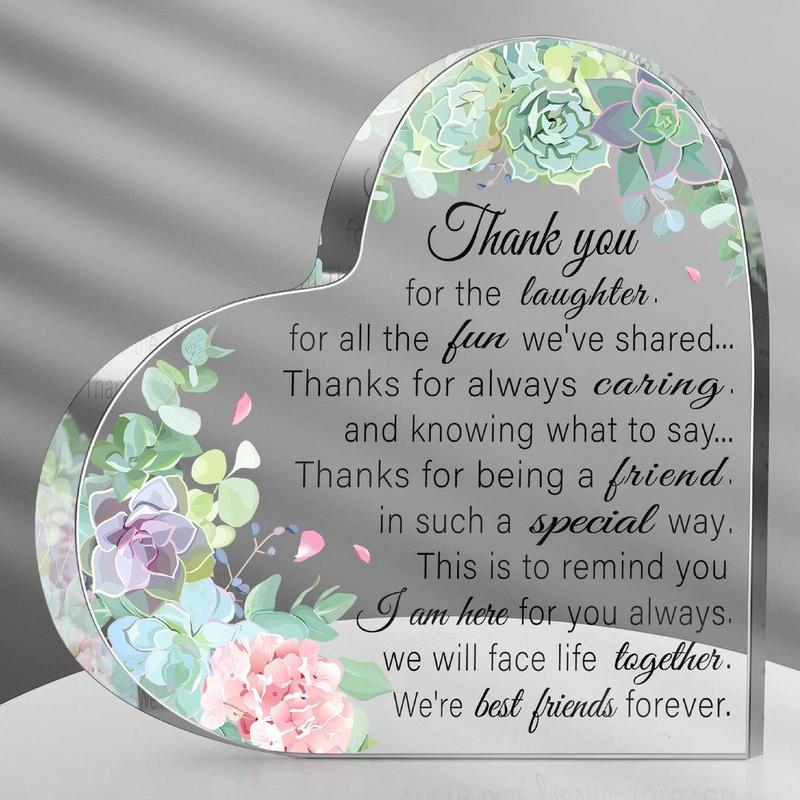 Clear Acrylic Heart Shaped Desktop Plaque for Valentine's Day Gifts, 1 Count Letter & Floral Pattern Ornament Gift, Birthday Gift for Sister, Mean Girls Decorations