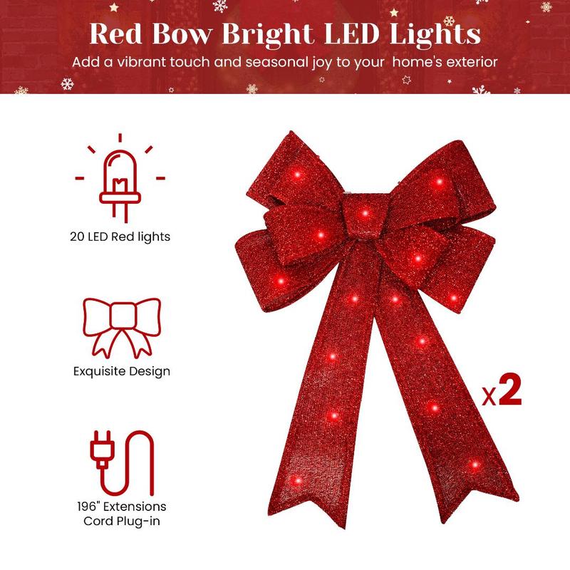 Tantohom Lighted Outdoor Christmas Wreath Decoration with 2 Bow, Bow Holiday Decor Wreath, Christmas Wreath with 90 LED Lights & Large Red Bow, Holiday Decor for Home