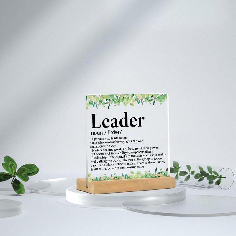 Letter & Leaf Pattern Acrylic Plaque, 1 Count Creative Gift for Leader, Office Desk Decorative Plaque, Home Decor Supplies