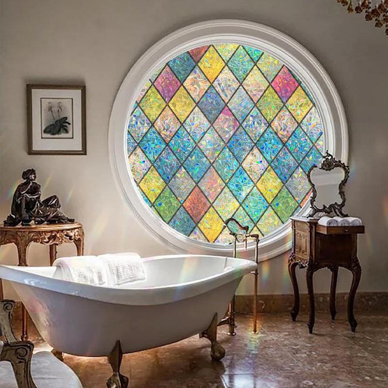 Colorful Rectangle Rhombus Pattern Privacy Window Film, 1 Roll Removable Window Sticker, Decorative Static Cling Glass Film for Home Decor