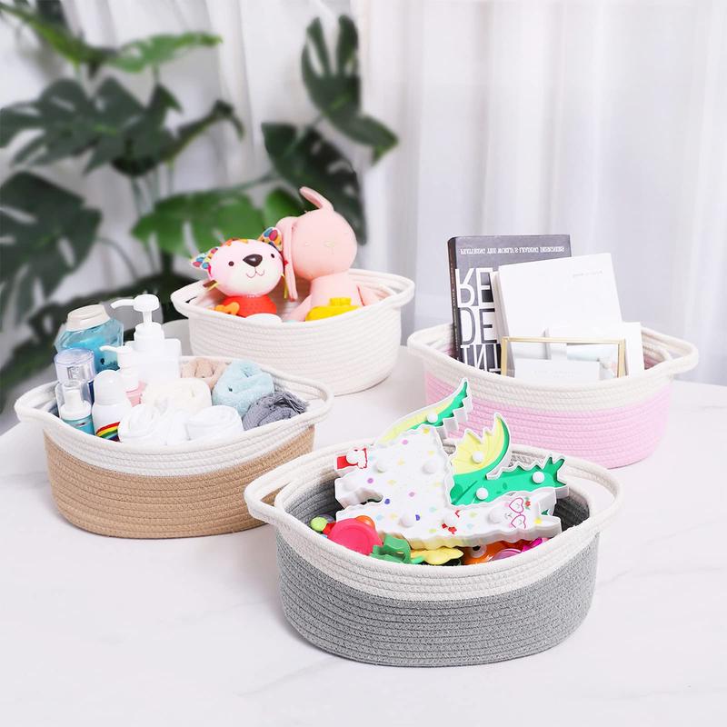 Cute Small Woven Basket with Handles,  Household Desktop Baskets for Storage, Multifunctional Small Space Organizer, Basket Bin for Cat and Dog Toys, Decorative Gift, White