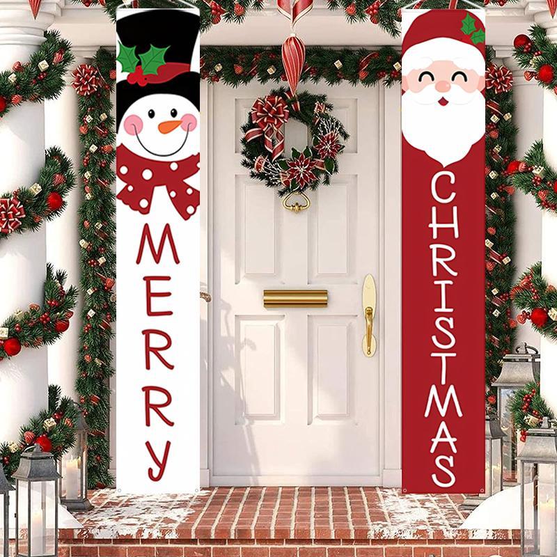 Merry Christmas Porch Hanging Banner, 1 Pair Cute Santa Claus & Snowman Door Banner, Exquisite Outdoor & Indoor Decoration for Front Porch, Patio, Garage