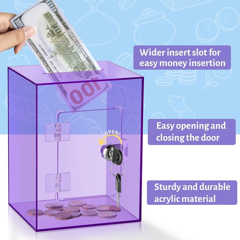 Clear Piggy Bank for Adults , Large Acrylic Piggy Bank Money Saving Box for  Saving with Key, Openable Clear Acrylic Savings Jar for Real Money (Purple)