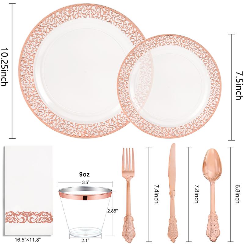 350 Pack Clear Rose Gold Plastic Plates,Disposable Plastic Dinnerware Includes: 100 Plates,150 Silverware, 50 Napkins,50 Cups for Party & Christmas