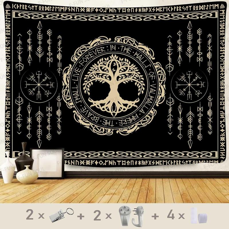 Nordic Vikings Tapestry 80x60inches Viking Yggdrasil Tree of Life Celtic Rune Scandinavian Aesthetic Mythology Tapestry Wall Hanging for Bedroom Living Room Decor