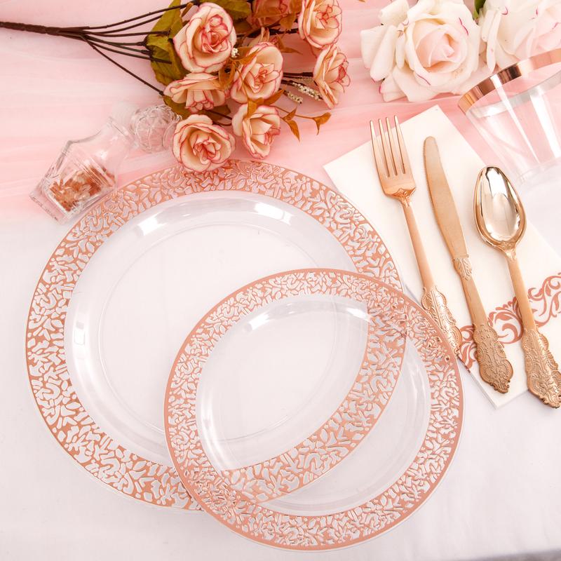 350 Pack Clear Rose Gold Plastic Plates,Disposable Plastic Dinnerware Includes: 100 Plates,150 Silverware, 50 Napkins,50 Cups for Party & Christmas