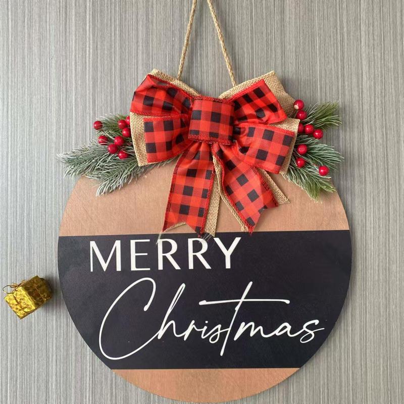 Merry Christmas Wreath Wood Sign, 1 Count Artificial Woven Christmas Plaque Front Door Decorations, Home Decorations for Porch Party Dining Room Farm