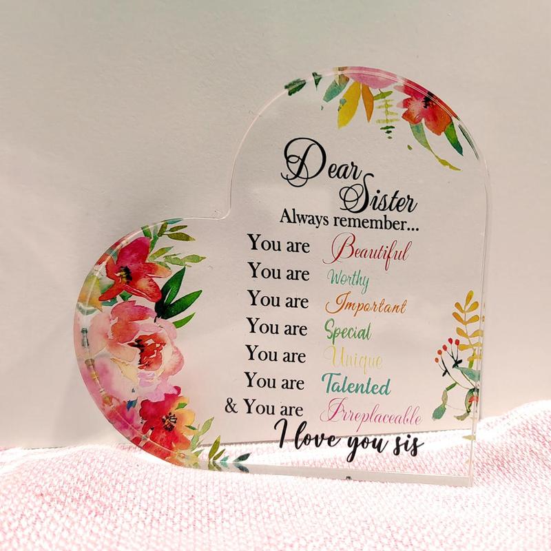 Clear Acrylic Heart Shaped Desktop Plaque for Valentine's Day Gifts, 1 Count Letter & Floral Pattern Ornament Gift, Birthday Gift for Sister, Mean Girls Decorations